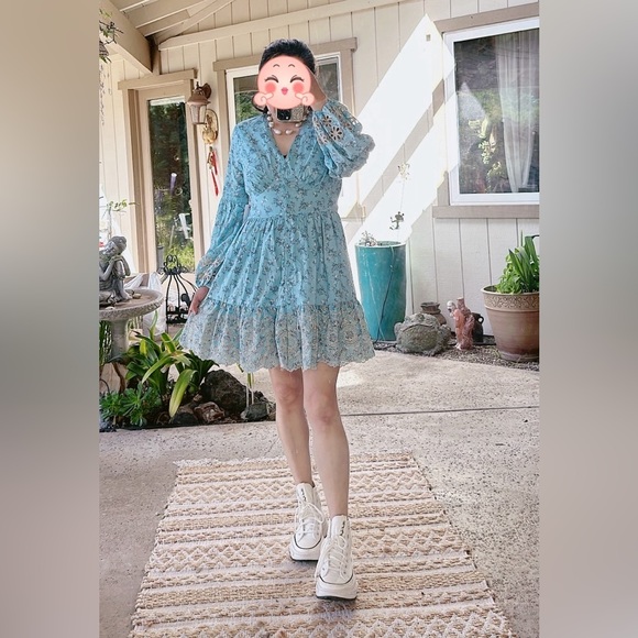 Medium NWT a Collective Story Boho Blue Floral Eyelet Mini Dress - Picture 2 of 6